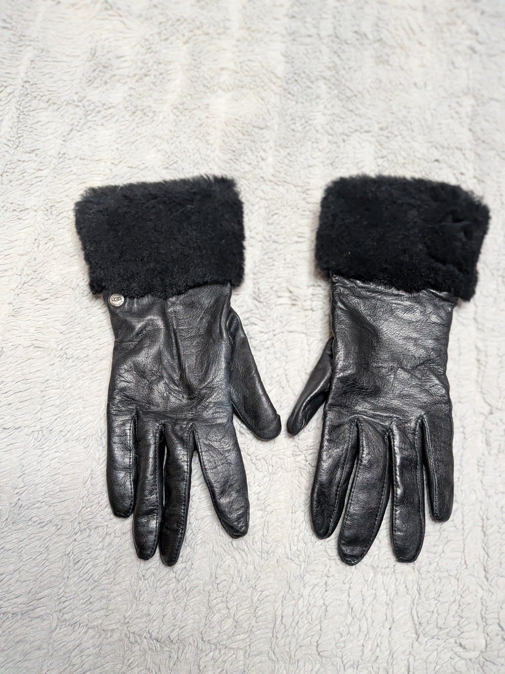 UGG Black Leather Gloves with Shearling Cuffs Size Small